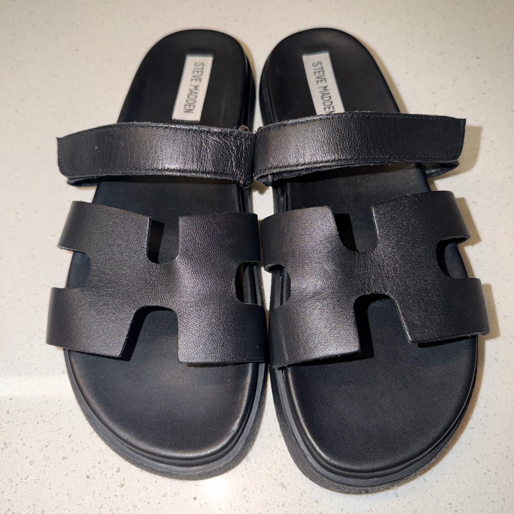 Steve Madden Mayven Black Leather H-Style Slide Sandals